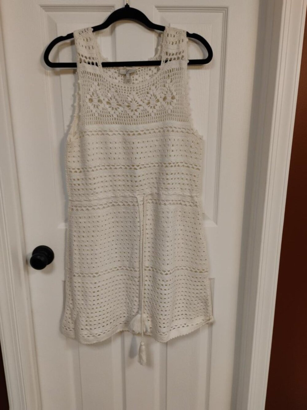 Joie Large Ivory 100% Cotton Crochet Knit Lined Tassel Dress